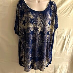 New 3X Skinny Minnie Star Print Studded Scoop Neck Short Sleeve Top#1841*8